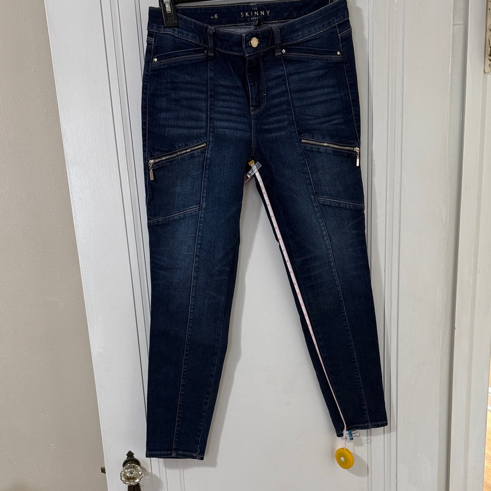 White House Black Market Women's Dark Indigo Skinny Jeans with Zip Accents